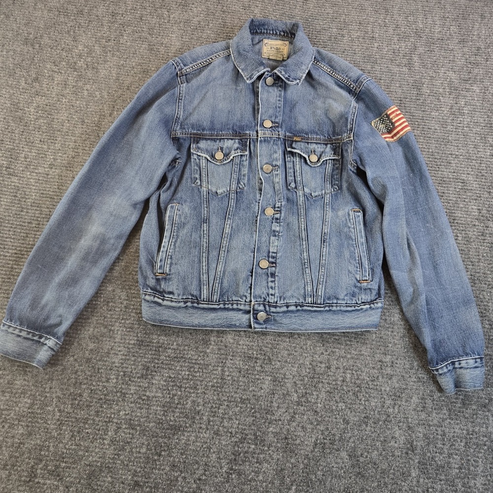 Polo Ralph Lauren Denim Jacket Men's Blue American Flag Patch Collared Button M